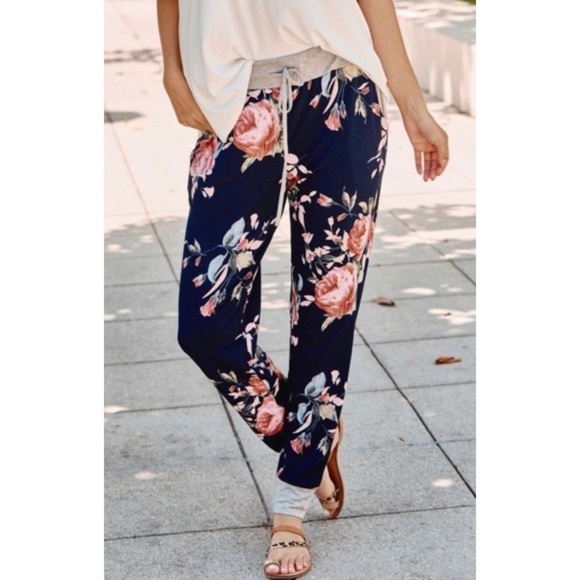 Navy Floral Jogger Sweatpants Lounge Casual Pants - Picture 2 of 7